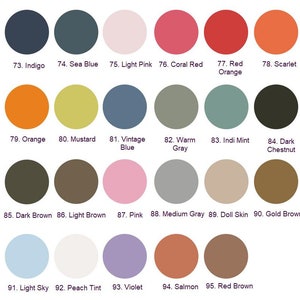 May include: A color chart with 95 different colors, each color is labeled with a number and a name. The colors are arranged in rows and columns. The colors include indigo, sea blue, light pink, coral red, red orange, scarlet, orange, mustard, vintage blue, warm gray, indi mint, dark chestnut, dark brown, light brown, pink, medium gray, doll skin, gold brown, light sky, peach tint, violet, salmon, and red brown.