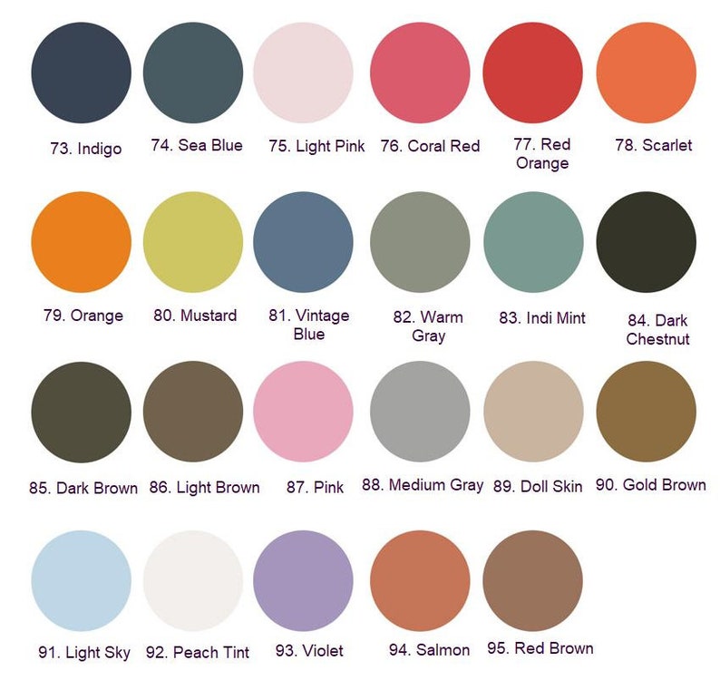 May include: A color chart with 95 different colors, each color is labeled with a number and a name. The colors are arranged in rows and columns. The colors include indigo, sea blue, light pink, coral red, red orange, scarlet, orange, mustard, vintage blue, warm gray, indi mint, dark chestnut, dark brown, light brown, pink, medium gray, doll skin, gold brown, light sky, peach tint, violet, salmon, and red brown.