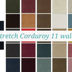 May include: A swatch card displaying 24 different colours of stretch corduroy fabric. The fabric has an 11 wale, meaning there are 11 ribs per inch. The colours include green, red, brown, black, beige, white, blue, and more.