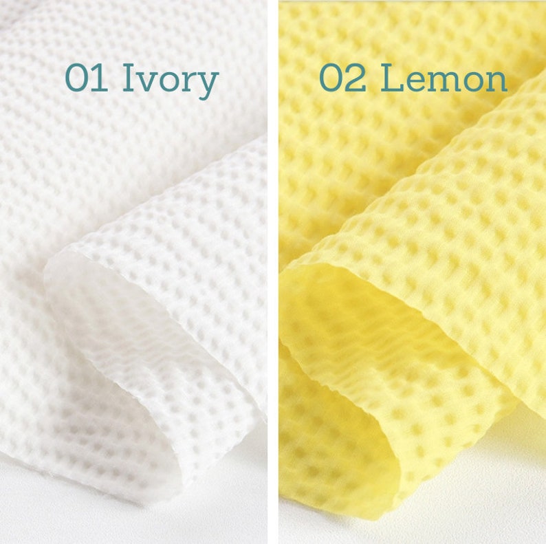May include: Two sections of textured fabric are displayed. The left section is ivory, and the right section is lemon yellow. The text "01 Ivory" and "02 Lemon" are above the respective fabrics. The fabric has a honeycomb-like pattern.