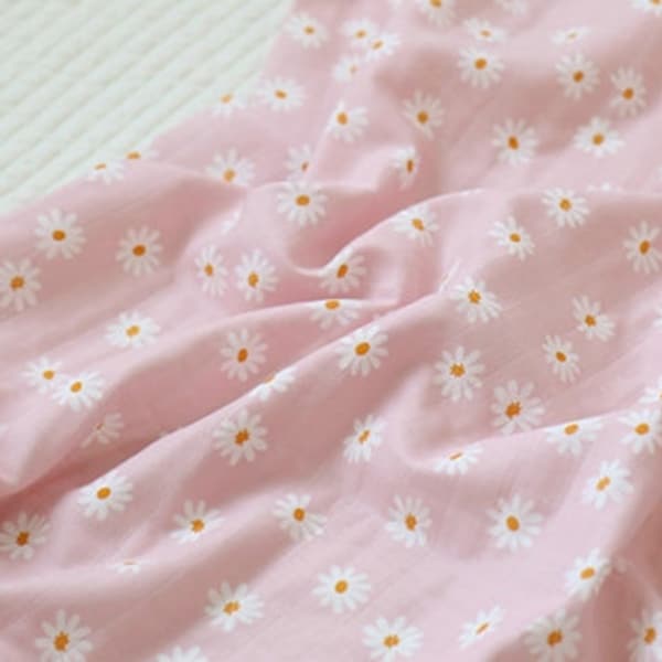 Pink Daisy Cotton Double Gauze Fabric, Flowers Gauze Fabric, Floral Gauze, Muslin, Quality Korean Fabric By the Yard /53570