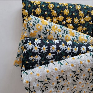 Wildflower Embroidered Fabric, Daisy Cotton Linen Fabric, Embroidered Floral Fabric, Korean Fabric, Embroidery Fabric By the Yard / 59115