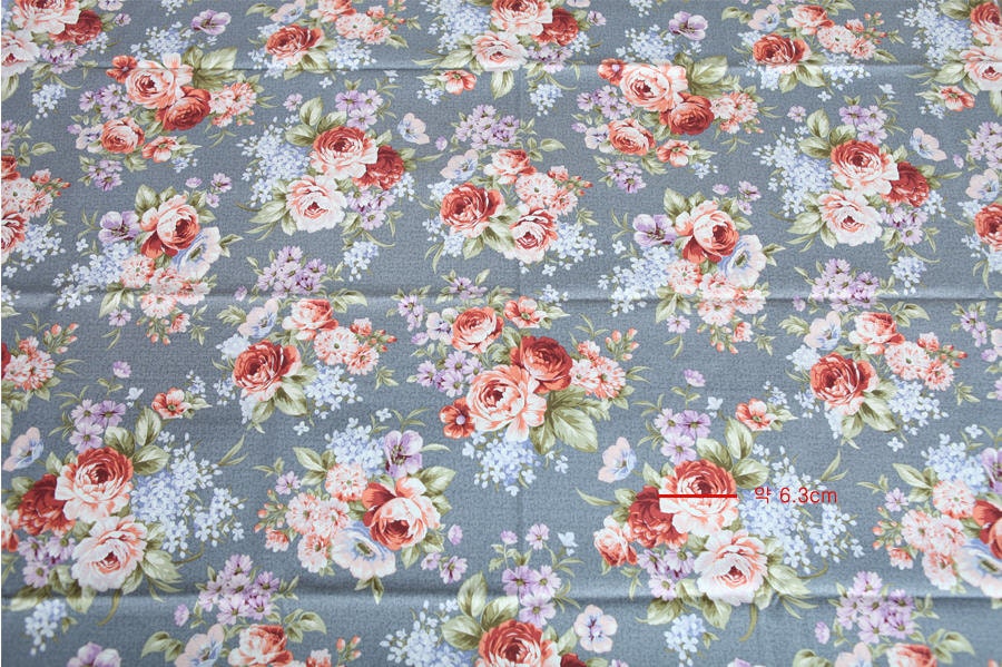 Antique Flower Oxford Cotton Fabric - Blue Gray - by the