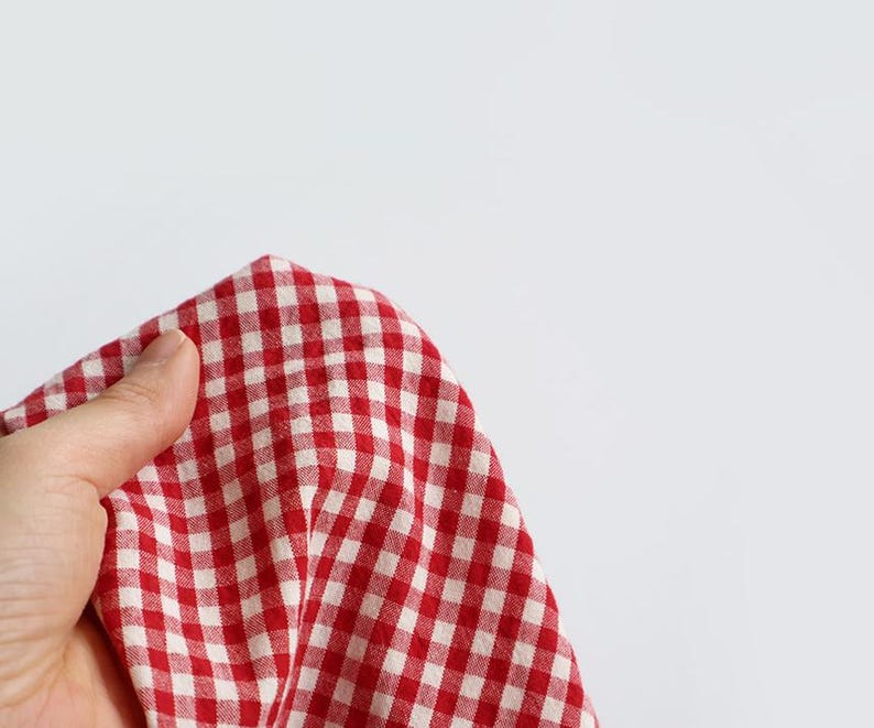 May include: A red and white gingham fabric, held in a hand, against a white backdrop. The fabric is folded, displaying the pattern of red squares on a white base. The material appears to be cotton or a similar textile.