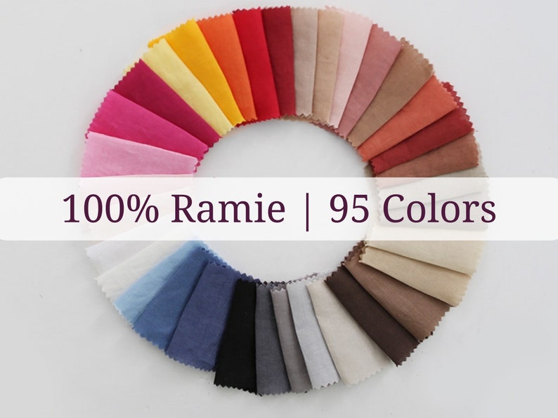 May include: A circle of fabric swatches in various colors, including red, orange, yellow, pink, blue, and brown. The swatches are arranged in a circle, with the text "100% Ramie | 95 Colors" at the bottom.