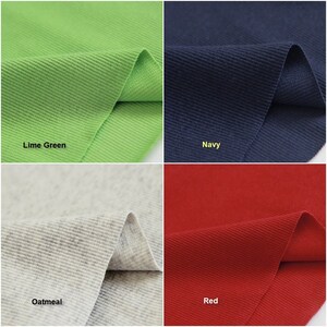 May include: Four fabric swatches in different colors: lime green, navy blue, oatmeal, and red. The fabric has a ribbed texture.