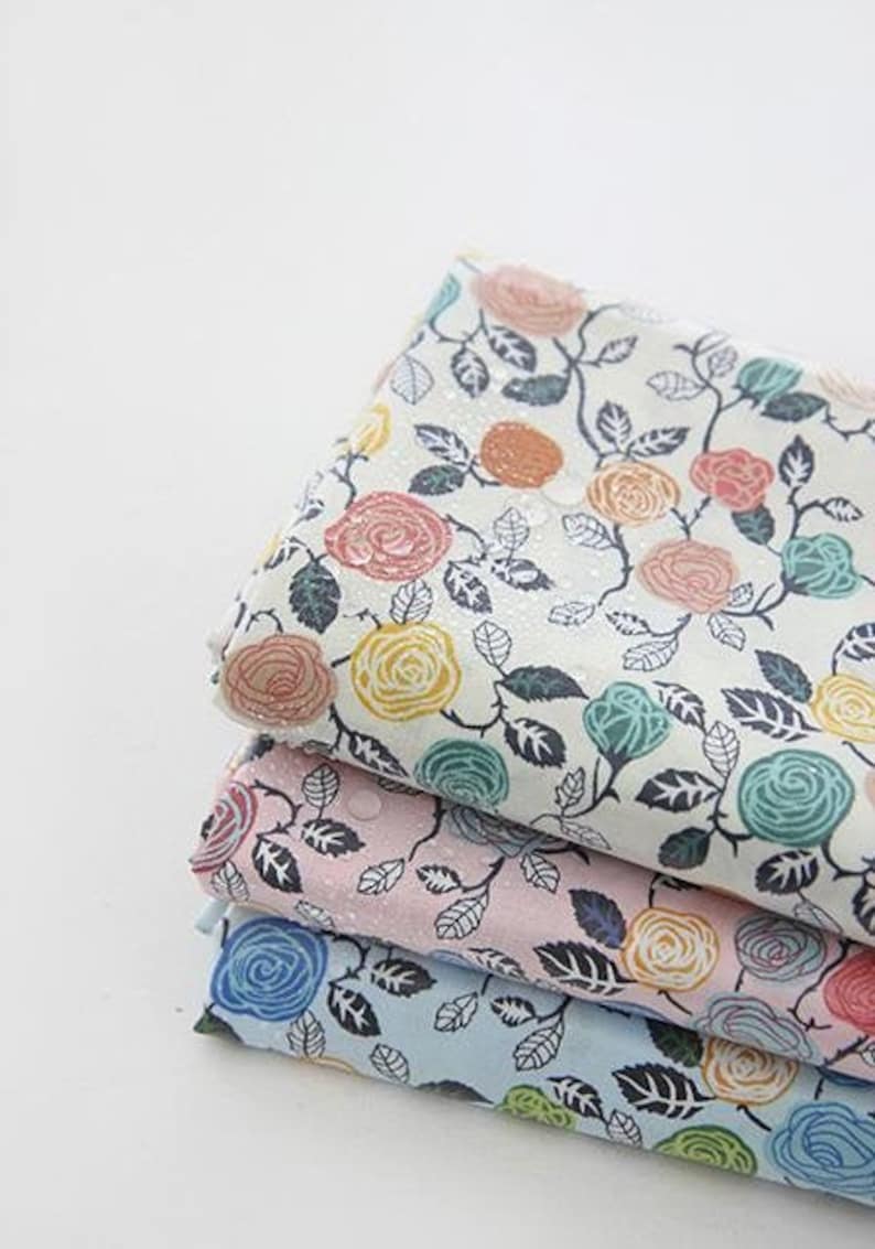 55 Inches Wide Roses By the Yard 96829-1 Eco-friendly Laminated Waterproof Fabric Non-glossy TPU Coating Flowers Ivory Pink or Blue