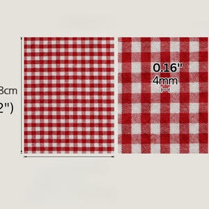May include: Red and white gingham tablecloth, 158cm long. The fabric is 4mm thick. The classic check pattern is suitable for picnics, dining, or decorative use. A close-up shows the 4mm thickness and 0.16" measurement.