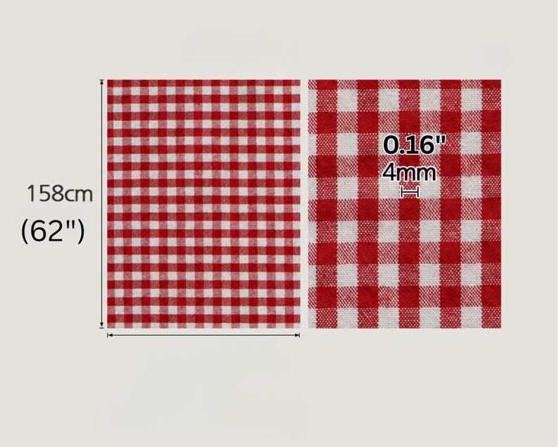May include: Red and white gingham tablecloth, 158cm long. The fabric is 4mm thick. The classic check pattern is suitable for picnics, dining, or decorative use. A close-up shows the 4mm thickness and 0.16" measurement.