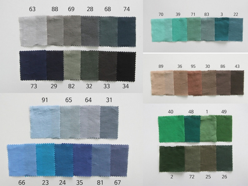 May include: A color chart of fabric swatches with numbers on each swatch. The swatches are arranged in rows and columns. The colors range from light gray to dark green.