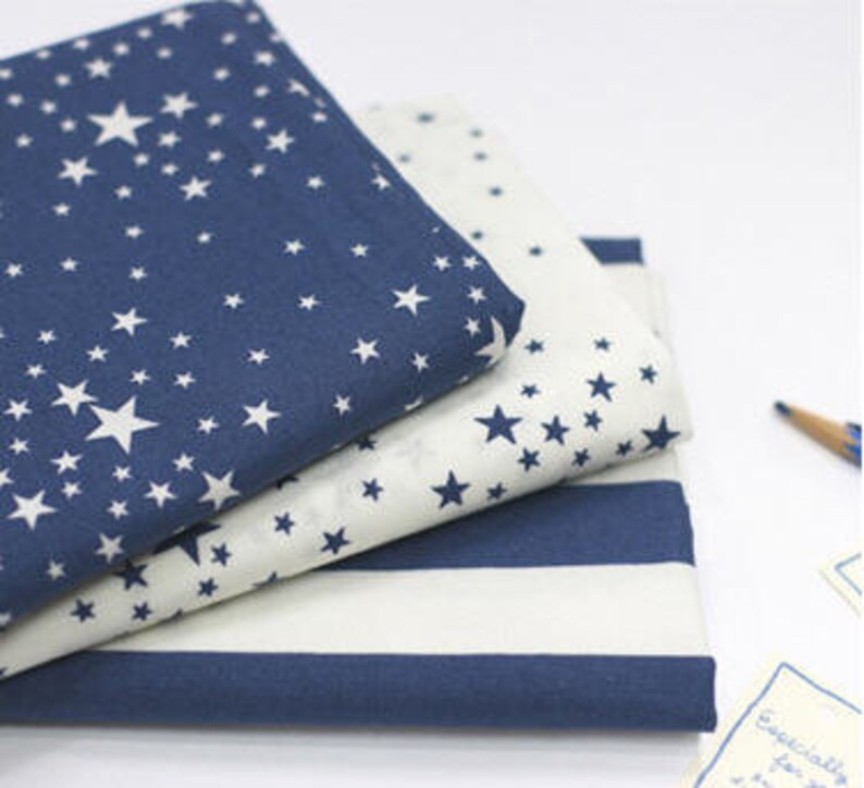 Stars Cotton Fabric Blue Stars, White Stars or Blue Stripes By the Yard 87281 image 1