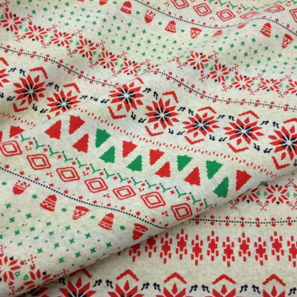 Winter Chorus Cotton Spandex Rib Knit Snowflakes Bells Trees per Yard