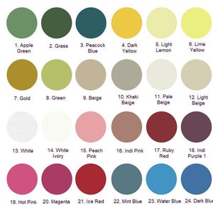 May include: A color chart with 24 different paint colors, each color is labeled with a number and a name. The colors include apple green, grass, peacock blue, dark yellow, light lemon, lime yellow, gold, green, beige, khaki beige, pale beige, light beige, white, white ivory, peach pink, Indi pink, ruby red, Indi purple 1, hot pink, magenta, ice red, mint blue, water blue, and dark blue.