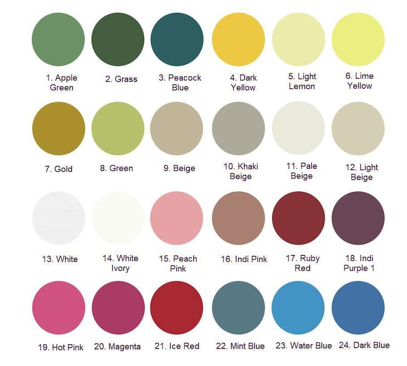 May include: A color chart with 24 different paint colors, each color is labeled with a number and a name. The colors include apple green, grass, peacock blue, dark yellow, light lemon, lime yellow, gold, green, beige, khaki beige, pale beige, light beige, white, white ivory, peach pink, Indi pink, ruby red, Indi purple 1, hot pink, magenta, ice red, mint blue, water blue, and dark blue.