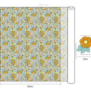 May include: A white fabric with a repeating pattern of small orange flowers and green leaves. The fabric is 90 inches wide and 110 inches long. A close-up of a single orange flower with a yellow center is shown.