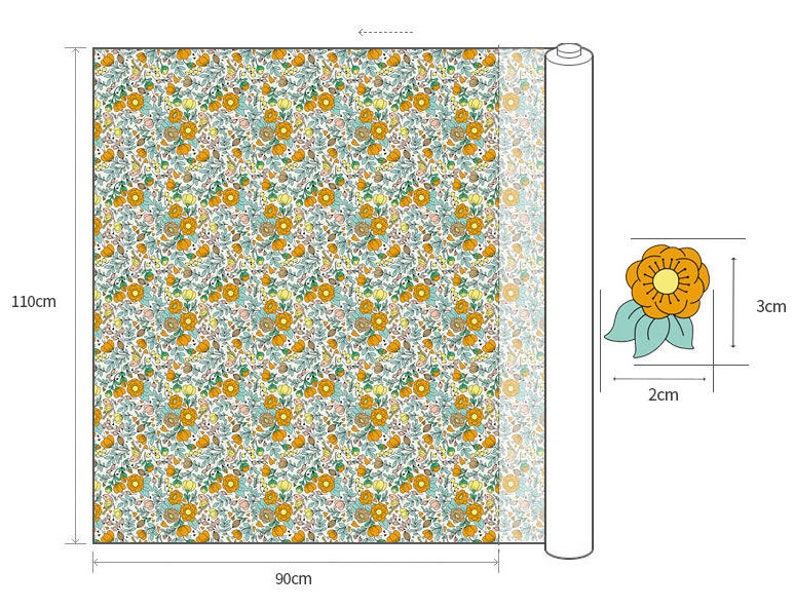 May include: A white fabric with a repeating pattern of small orange flowers and green leaves. The fabric is 90 inches wide and 110 inches long. A close-up of a single orange flower with a yellow center is shown.