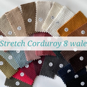 May include: A selection of 27 stretch corduroy fabric swatches, each labelled with a number. The fabric is an 8 wale corduroy, meaning it has 8 ribs per inch. The fabric is a soft, comfortable, and durable material that is ideal for a range of sewing projects.