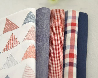 Red Blue Cotton Fabric - Bunting Flags, Solid Denim Blue, Solid Navy, Small Plaid, Big Plaid - By the Yard 56828