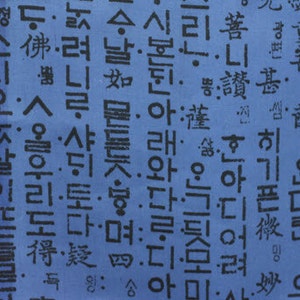 May include: A blue fabric with black Korean characters printed on it. The characters are in a variety of sizes and styles. The fabric is a light blue color and has a slightly textured surface.