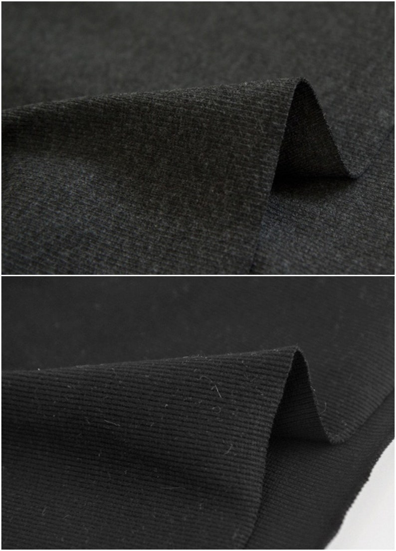 May include: Two close-up images of black fabric. The top image shows a textured fabric with a subtle sheen. The bottom image shows a ribbed fabric.