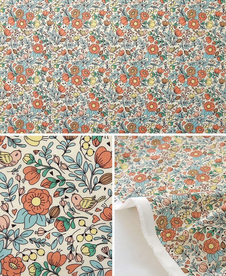 May include: A cream-colored fabric with a repeating pattern of orange, pink, and blue flowers, leaves, and birds. The fabric has a white border.