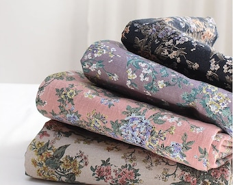 Premimum Linen Cotton Fabric, Flowers Print, 55" Wide, 4 Colors, Bio-washed, Quality Korean Fabric By the Yard