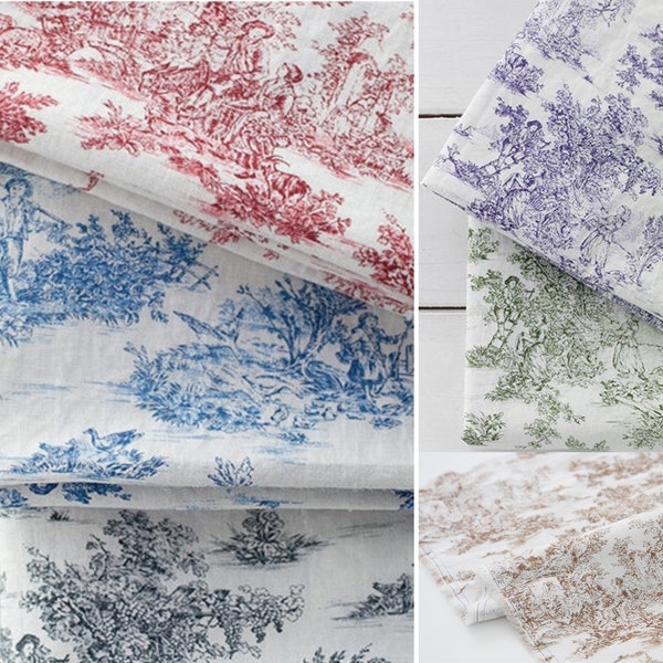 vintage peinture coton lin tissu, imprimé fleurs, 55" de large, 6 couleurs, toile de Jouy, tissu coréen de qualité par yard