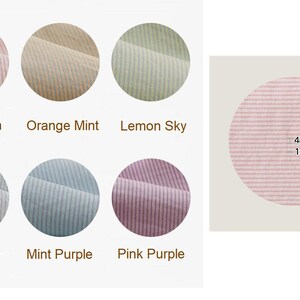 May include: Six fabric swatches in different colors and patterns. The swatches are arranged in two rows of three. The colors are light peach, orange mint, lemon sky, sky beige, mint purple, and pink purple. The fabric has a striped pattern with 4mm wide stripes and 1mm wide spaces between the stripes.