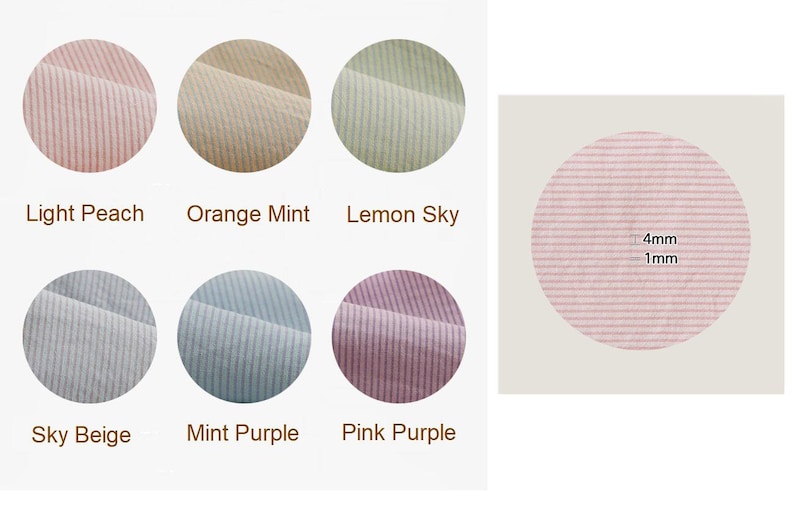 May include: Six fabric swatches in different colors and patterns. The swatches are arranged in two rows of three. The colors are light peach, orange mint, lemon sky, sky beige, mint purple, and pink purple. The fabric has a striped pattern with 4mm wide stripes and 1mm wide spaces between the stripes.