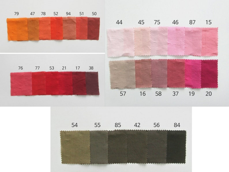 May include: A color chart with 24 fabric swatches in various shades of orange, red, pink, and brown. The swatches are numbered with corresponding numbers printed above each swatch.