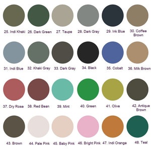 May include: Color chart with 48 different paint colors, labeled with numbers and names. The colors include shades of green, blue, brown, pink, red, and gray.
