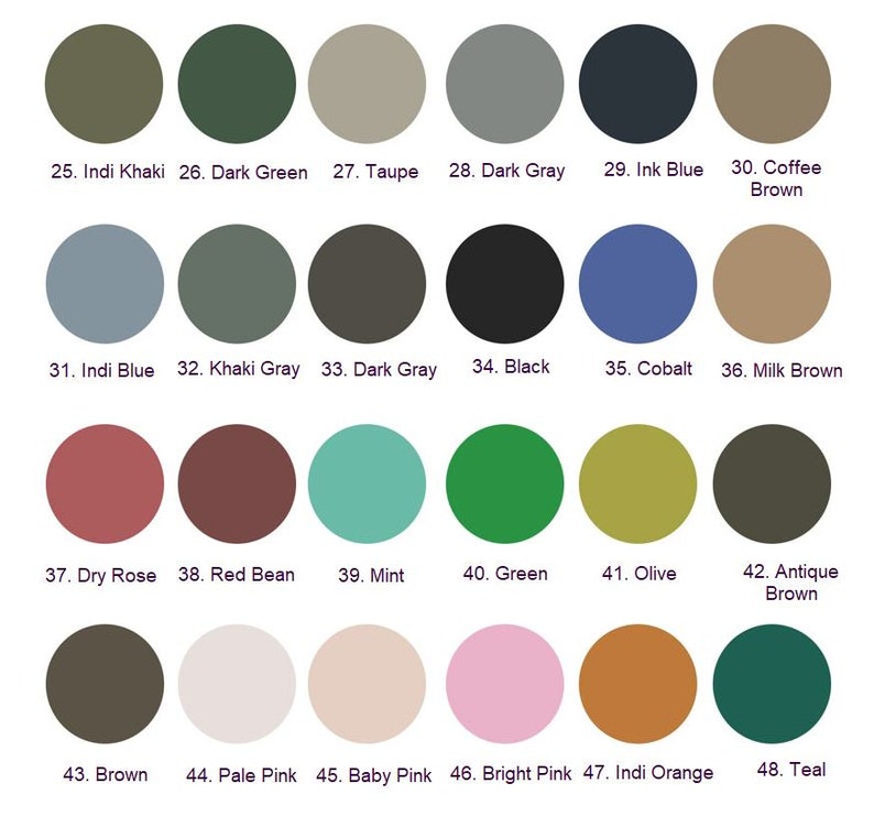 May include: Color chart with 48 different paint colors, labeled with numbers and names. The colors include shades of green, blue, brown, pink, red, and gray.