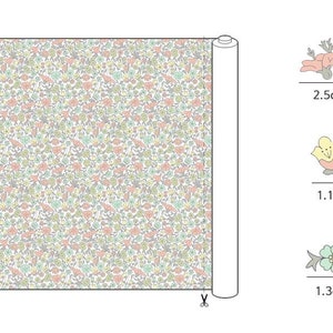May include: A roll of fabric with a white background and a repeating pattern of small pink, blue, and yellow flowers. The fabric is 145 cm long and is shown rolled up with a pair of scissors next to it. The image also shows three close-up views of the floral pattern, with measurements in centimetres.