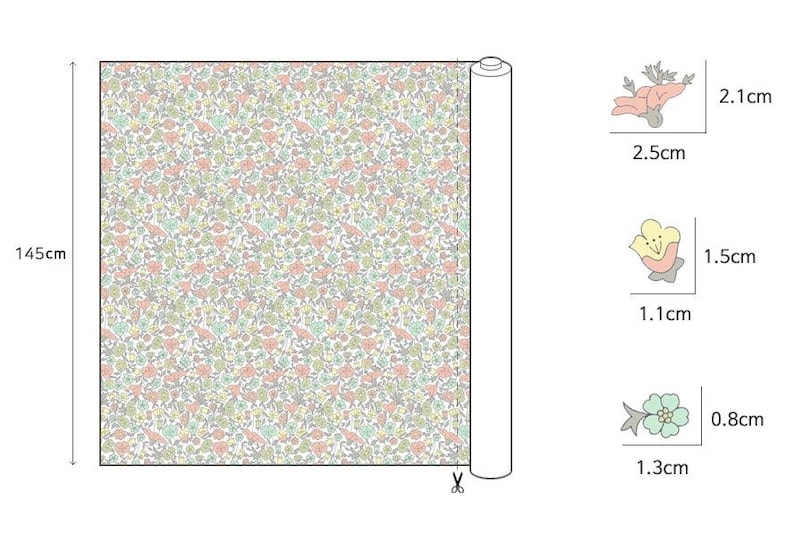 May include: A roll of fabric with a white background and a repeating pattern of small pink, blue, and yellow flowers. The fabric is 145 cm long and is shown rolled up with a pair of scissors next to it. The image also shows three close-up views of the floral pattern, with measurements in centimetres.