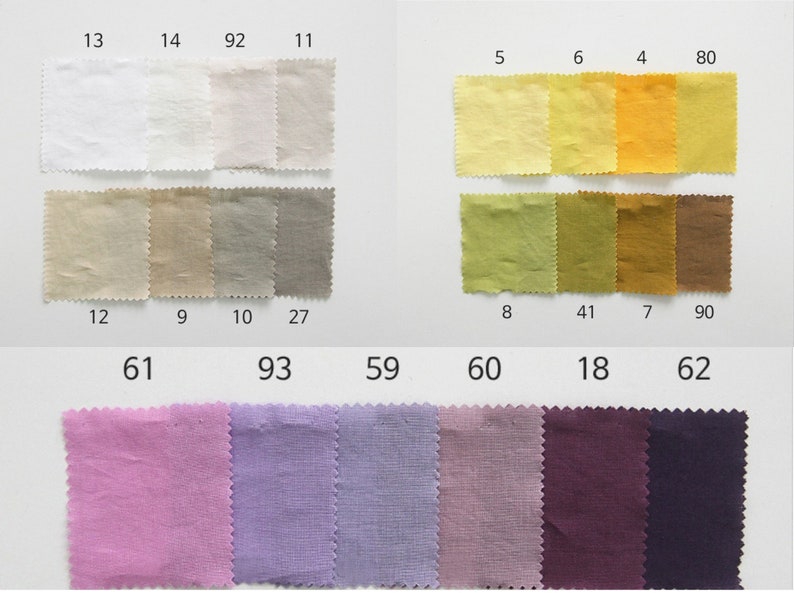 May include: A collection of fabric swatches in various shades of white, beige, yellow, green, brown, pink, purple, and gray. The swatches are numbered with corresponding numbers.