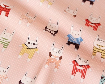 Rabbit Story with Polka Dots - Cotton Fabric - Peach Pink - By the Yard 52192