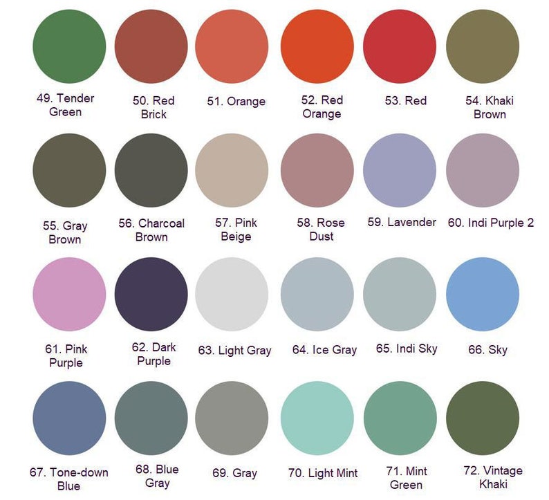 May include: A color chart with 72 different shades of paint, organized in rows of six. The colors range from light to dark, and include shades of green, brown, pink, purple, gray, blue, and red.