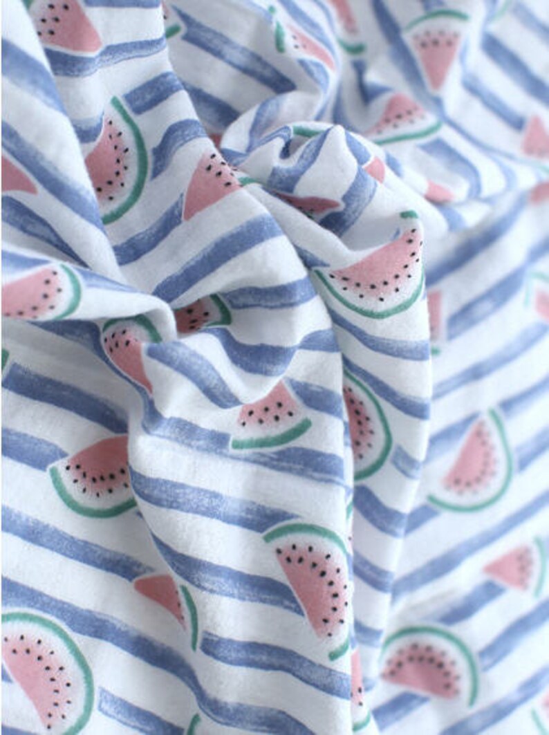Watermelon Cotton Gauze Fabric With Blue Stripes Double Gauze Etsy