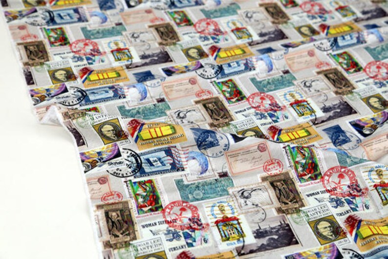 Vintage Postal Stamps Cotton Fabric Digital Printing Fabric Etsy