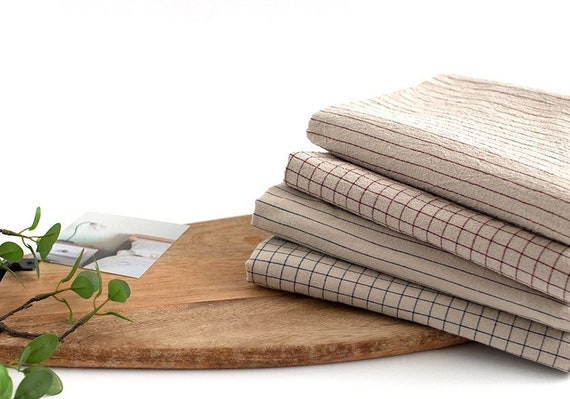 Cotton Linen Blend Fabric, Burgandy & Navy Checks or Stripes, Yarn Dyed, Biowashing, Quality Korean Fabric By the Yard MD