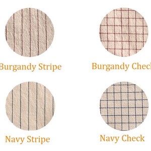May include: Four fabric swatches showing different patterns: burgundy stripe, burgundy check, navy stripe, and navy check.