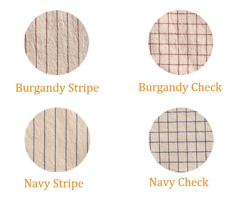 May include: Four fabric swatches showing different patterns: burgundy stripe, burgundy check, navy stripe, and navy check.