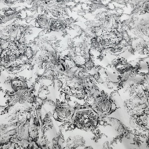 May include: Black and white toile fabric featuring a repeating pattern of trees, flowers, and ornate designs.