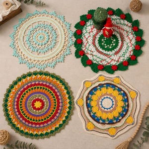 Puede incluir: Cuatro tapetes de ganchillo circulares con patrones intrincados. Uno es azul claro, uno es blanco con hojas verdes y flores rojas, uno es multicolor con naranja, morado y verde, y uno es beige con detalles en amarillo y azul.