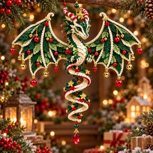 May include: A crocheted dragon ornament featuring green leaf-shaped wings, a cream-colored body, and red and gold spherical accents. The dragon is adorned with small gold stars and terminates in a dangling red teardrop-shaped crystal pendant.