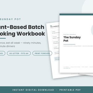 May include: A printable workbook titled The Sunday Pot, a plant-based batch cooking guide. The document features a white cover with dark teal text, a circular graphic, and includes sections for grains, proteins, vegetables, and sauces on nine pages.