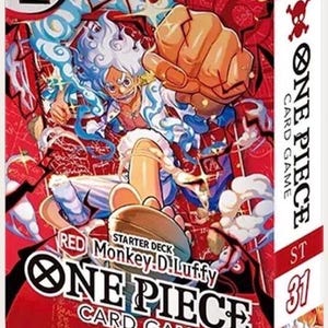 May include: A red One Piece Card Game Starter Deck ST-31 box featuring Monkey D. Luffy in a dynamic pose with a raised fist. The packaging includes the Bandai Namco logo, the One Piece logo, and text indicating an English version for ages 6 and up.