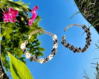 Midnight Bloom Floral Beaded Bracelet | Handmade Monotone Swirl Jewelry