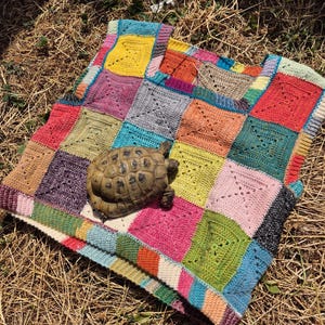 Könnte beinhalten: Ein ärmelloses Oberteil aus einem Patchwork aus bunten gehäkelten Quadraten in Gelb-, Orange-, Rot-, Rosa-, Lila-, Blau-, Grün- und Beigetönen. Eine braun-beige gemusterte Schildkröte befindet sich in der Mitte des Kleidungsstücks.