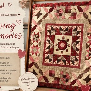 Op de afbeelding: Een vierkante quilt met een centraal bloemenmedaillon omringd door complexe patchworkblokken in tinten dieprood, bordeaux, crème en bruin. Het ontwerp bevat geometrische sterpatronen en gebogen applicatie-elementen door het hele werk.